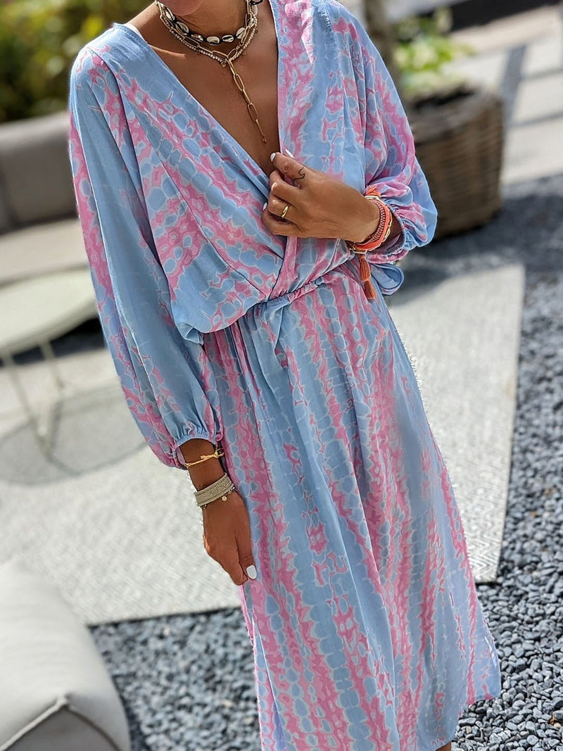 Women's Dresses Tie-Dye Print V-Neck Long Sleeve Dress