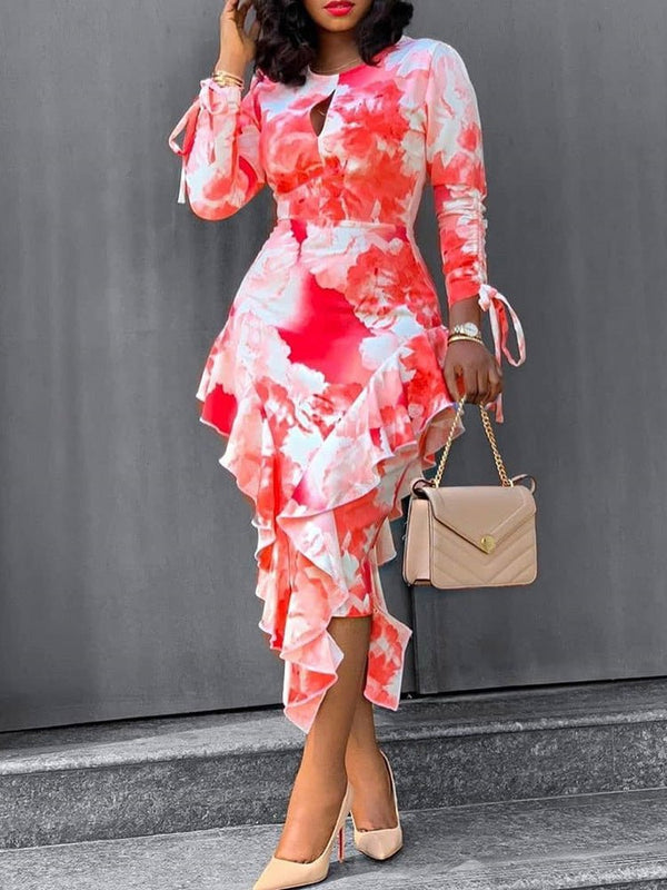 Women's Dresses Tie-Dye Printed Long Sleeve Ruffle Fitted Dress