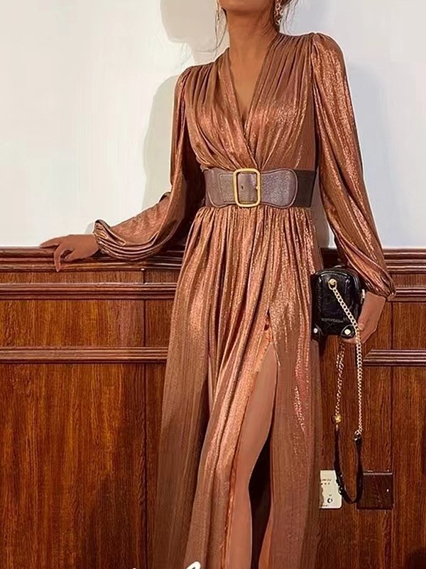 Women's Dresses V-Neck Belt Pleated Split Maxi Dress