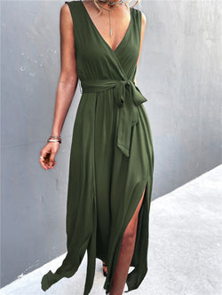 Women's Dresses V-Neck Belted Sleeveless Slit Dress