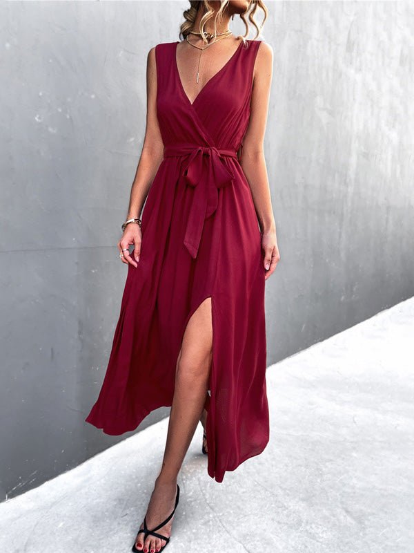 Women's Dresses V-Neck Belted Sleeveless Slit Dress