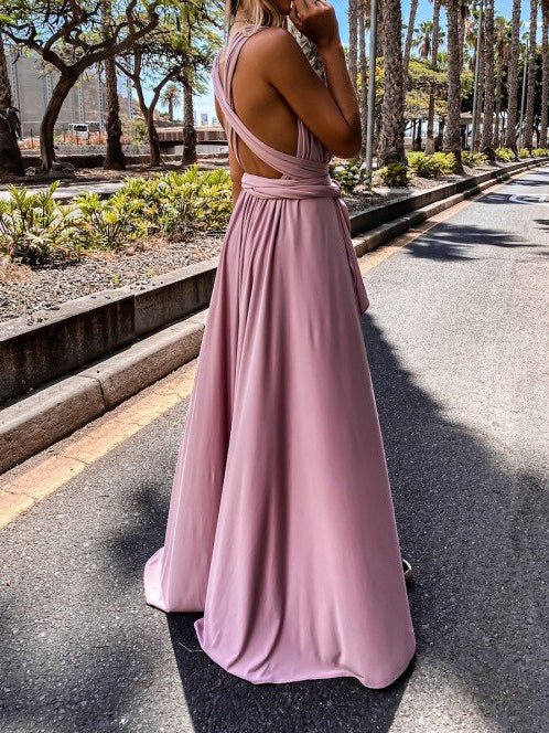 Women's Dresses V-Neck Belted Slit Bare Back Sleeveless Dress