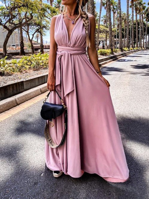 Women's Dresses V-Neck Belted Slit Bare Back Sleeveless Dress