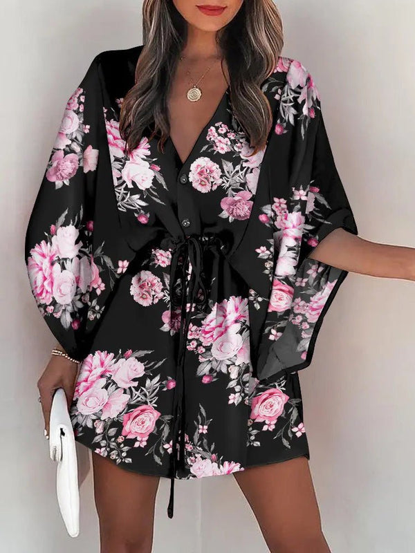 Women's Dresses V-Neck Elastic Waist Tie Doll Sleeve Print Dress