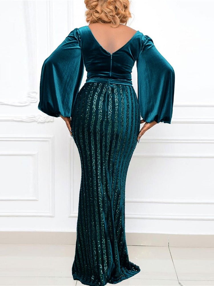 Women's Dresses V-Neck Hollow Long Sleeve Sequin Slit Dress