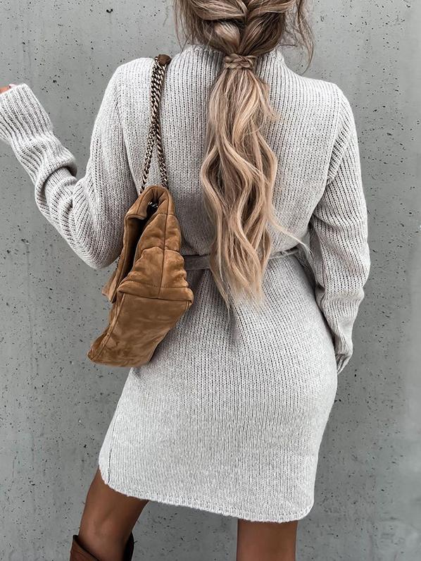 V-Neck Knitted Slim Belt Long Sleeve Dress