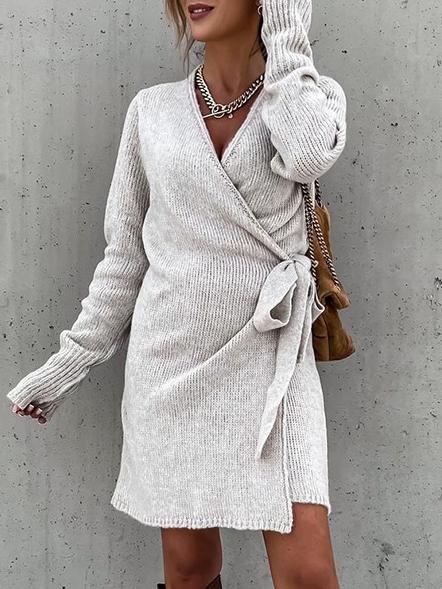 V-Neck Knitted Slim Belt Long Sleeve Dress