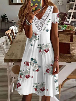 Women's Dresses V-Neck Lace Panel Off Shoulder Print Dress