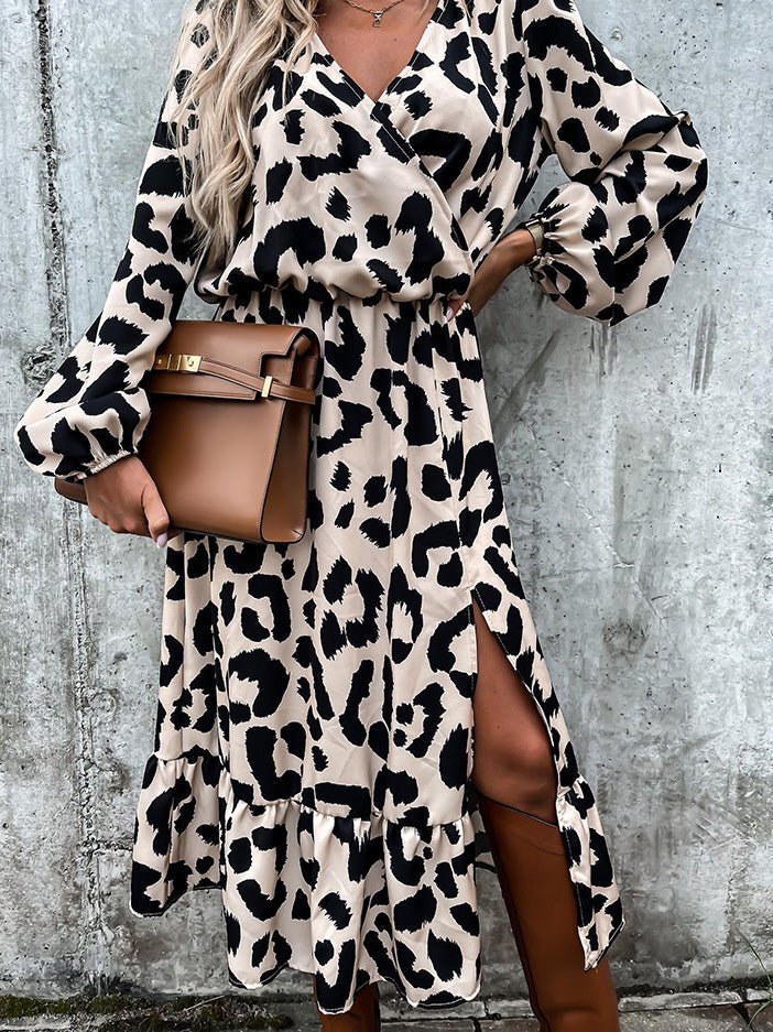 Women's Dresses V-Neck Leopard Print Long Sleeve Slit Dress