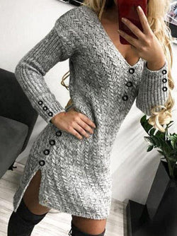 V-Neck Long Sleeve Buttoned Knit Dress