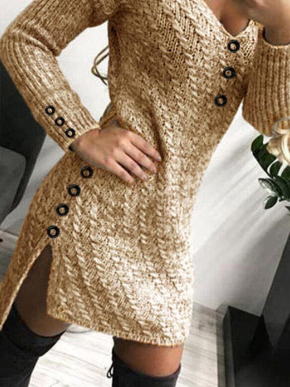 V-Neck Long Sleeve Buttoned Knit Dress