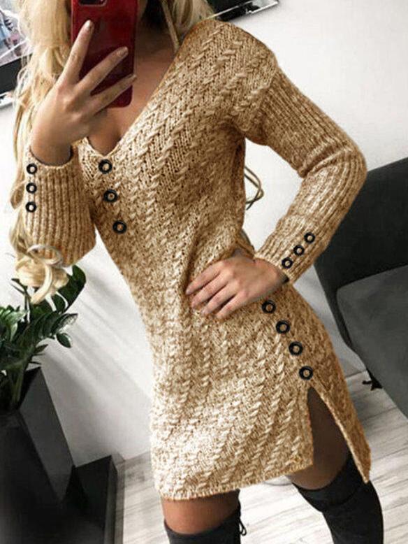 V-Neck Long Sleeve Buttoned Knit Dress