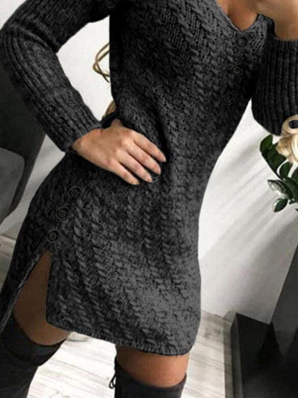 V-Neck Long Sleeve Buttoned Knit Dress