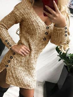 V-Neck Long Sleeve Buttoned Knit Dress