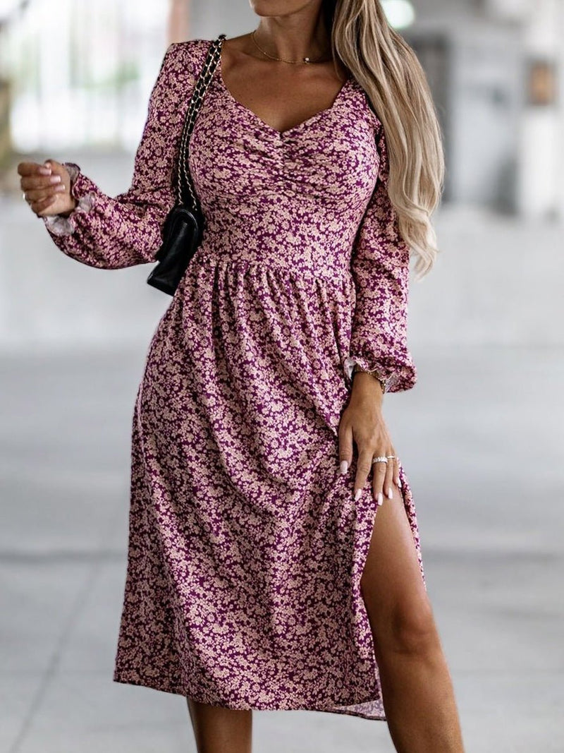 Women's Dresses V-Neck Long Sleeve Slit Print Dress