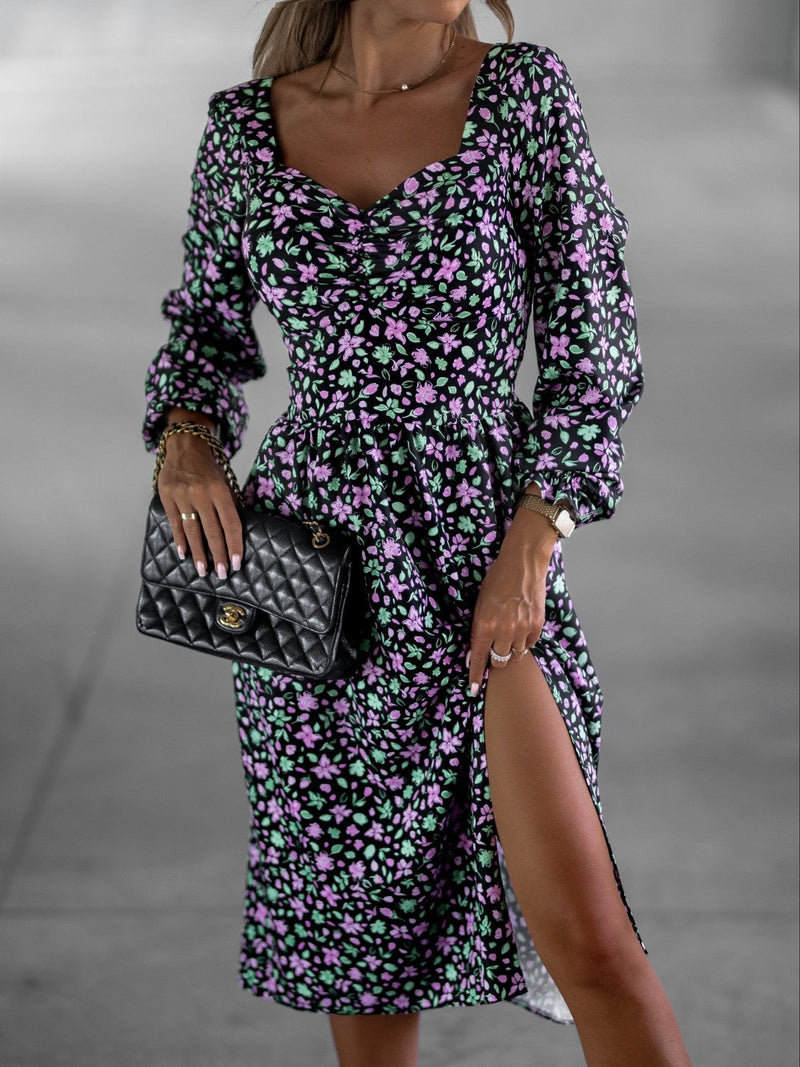 Women's Dresses V-Neck Long Sleeve Slit Print Dress