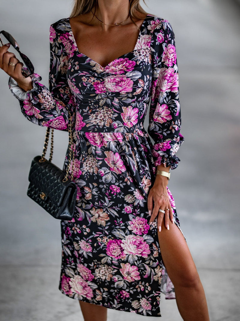 Women's Dresses V-Neck Long Sleeve Slit Print Dress