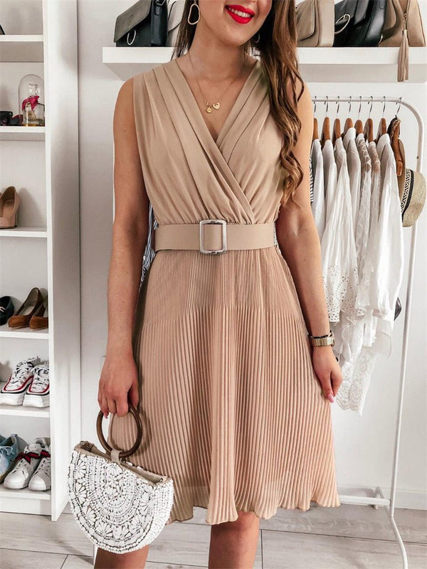 Women's Dresses V-Neck Pleated Sleeveless Dress