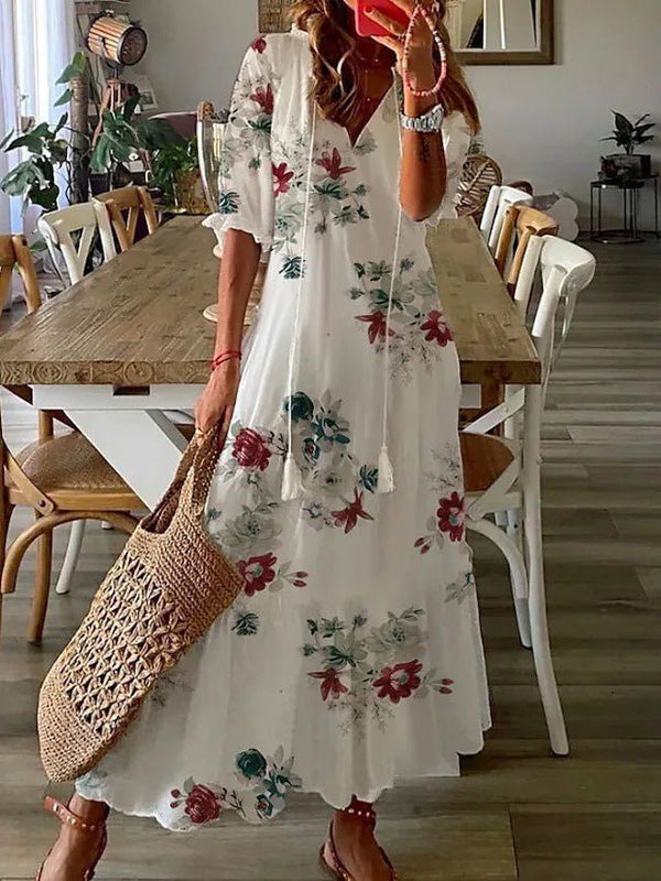 Women's Dresses V-Neck Printed Beard Mid-Sleeve Maxi Dress