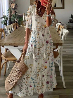 Women's Dresses V-Neck Printed Beard Mid-Sleeve Maxi Dress