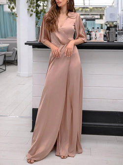 Women's Dresses V-Neck Satin Mid Sleeve Split Maxi Dresses