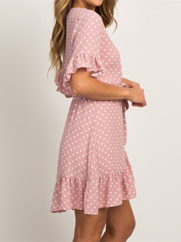 Women's Dresses V-Neck Short Sleeve Polka Dot Belted Ruffle Dress