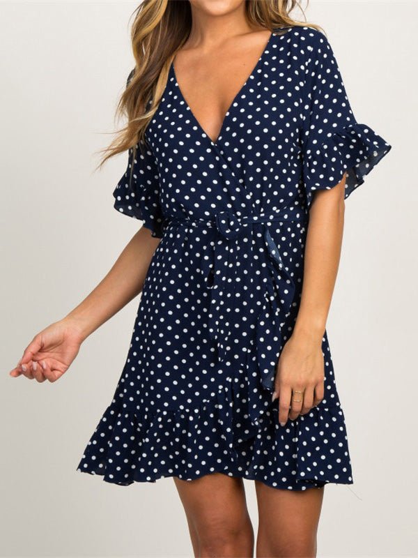 Women's Dresses V-Neck Short Sleeve Polka Dot Belted Ruffle Dress