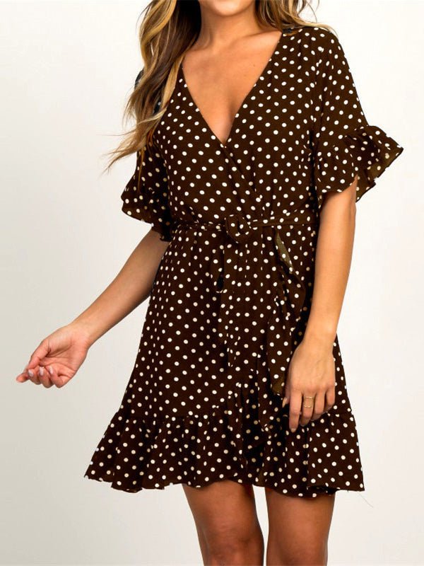 Women's Dresses V-Neck Short Sleeve Polka Dot Belted Ruffle Dress