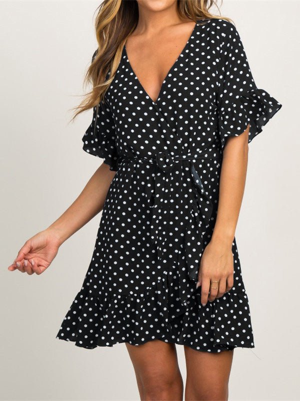 Women's Dresses V-Neck Short Sleeve Polka Dot Belted Ruffle Dress