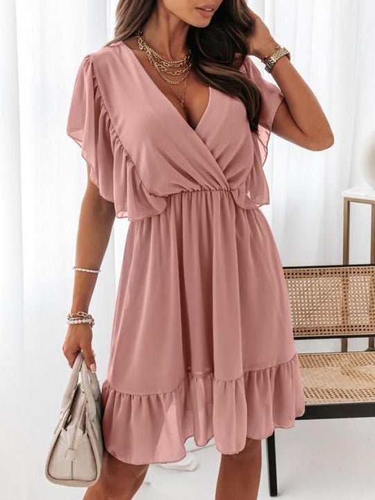 Women's Dresses V-Neck Short Sleeve Ruffled Chiffon Dress