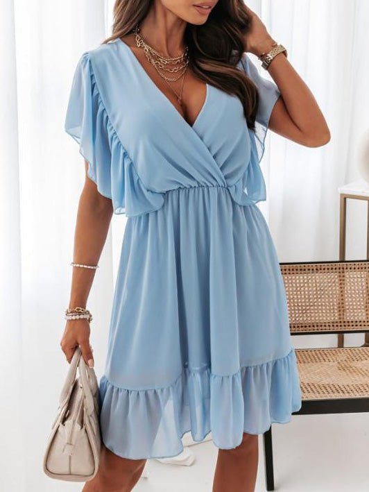 Women's Dresses V-Neck Short Sleeve Ruffled Chiffon Dress