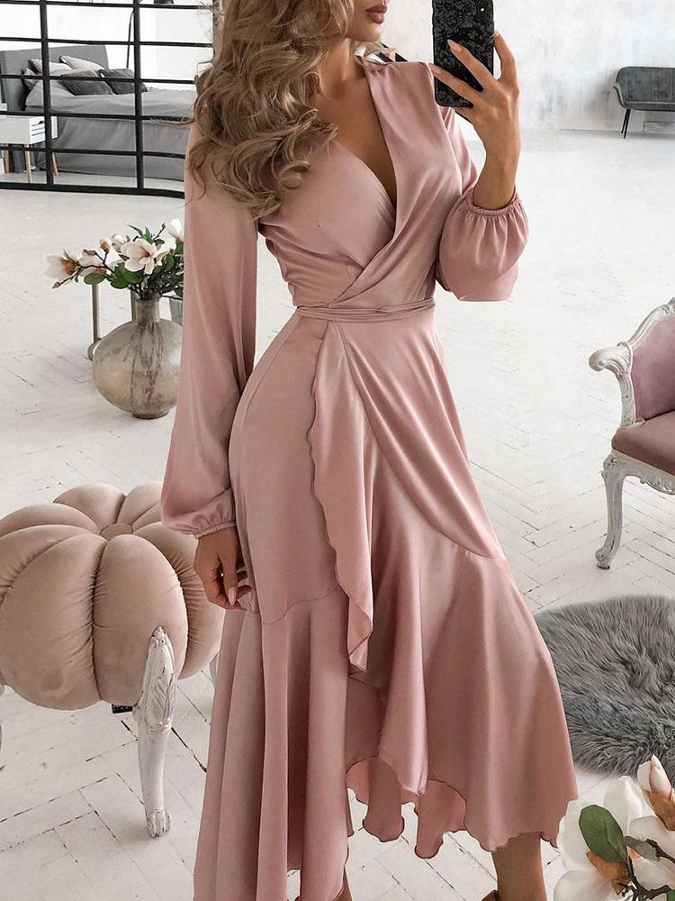 Women's Dresses V-Neck Slim Ruffled Long Sleeve Dress