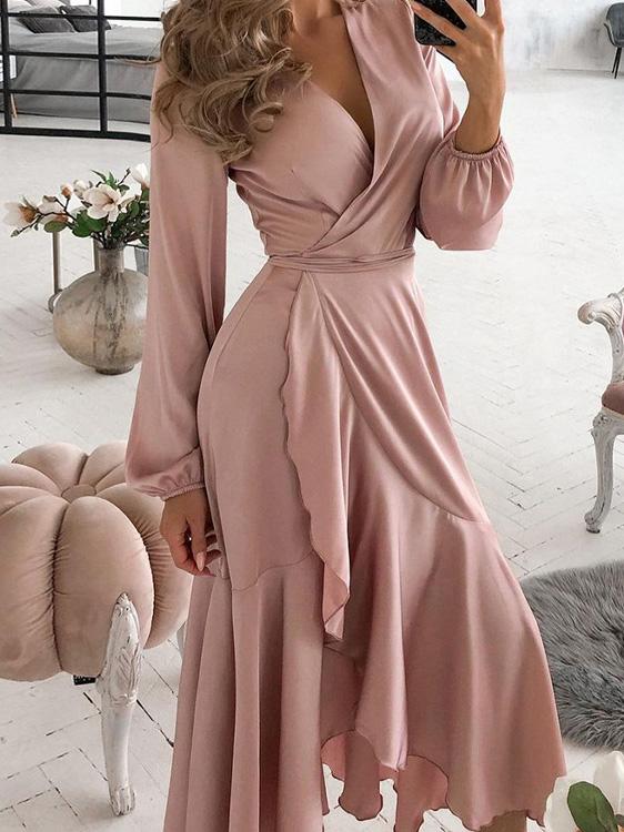 Women's Dresses V-Neck Slim Ruffled Long Sleeve Dress