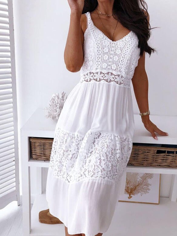 Women's Dresses V-Neck Sling Lace Panel Midi Dress