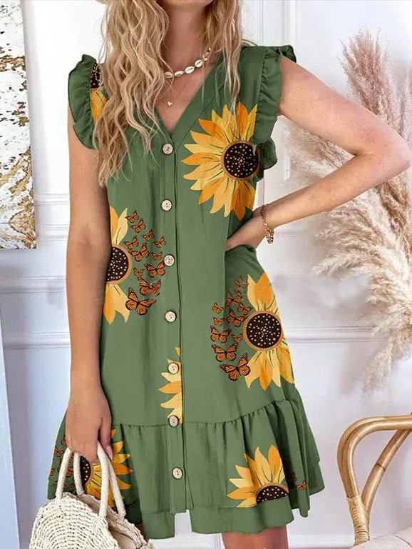 Women's Dresses V-Neck Sunflower Print Button Ruffle Sleeve Dress