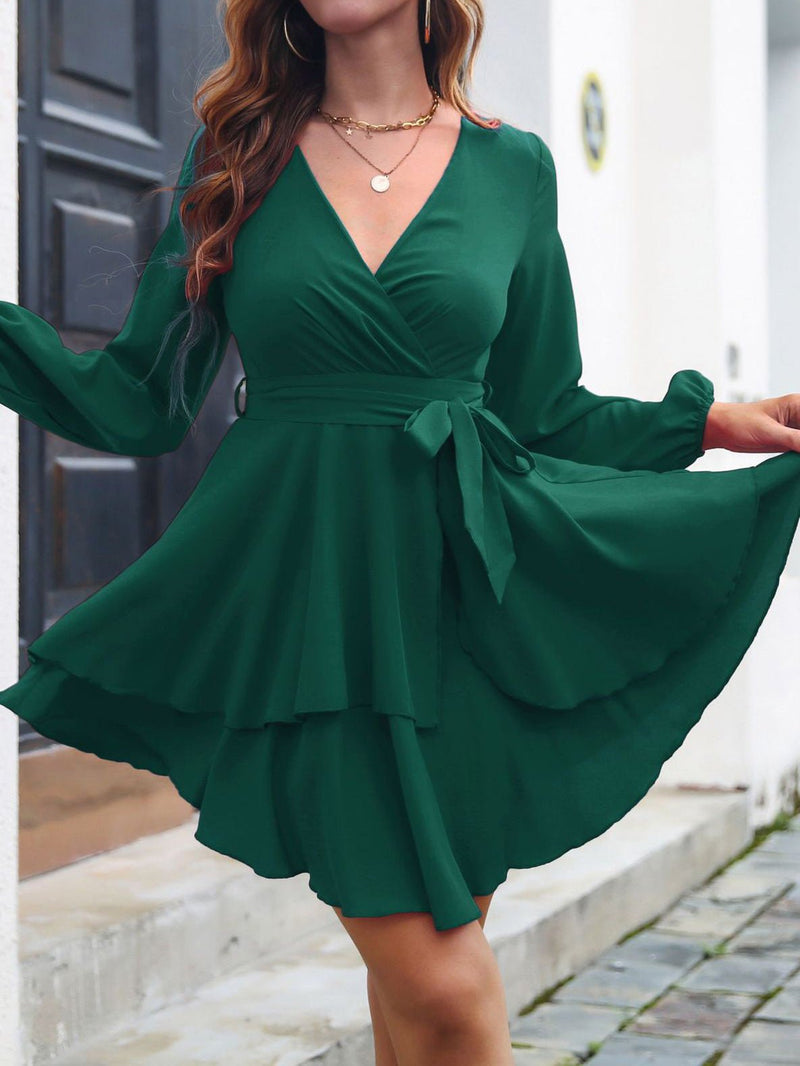 Women's Dresses V-Neck Tie Long Sleeve Irregular Dress