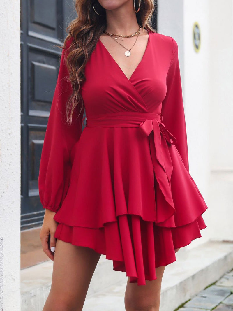 Women's Dresses V-Neck Tie Long Sleeve Irregular Dress