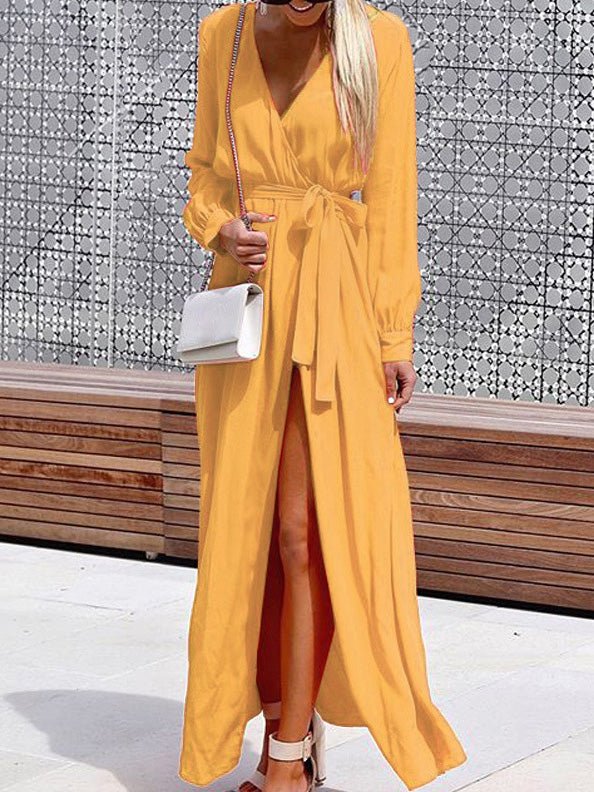 Women's Dresses V-Neck Tie Long Sleeve Slit Dress