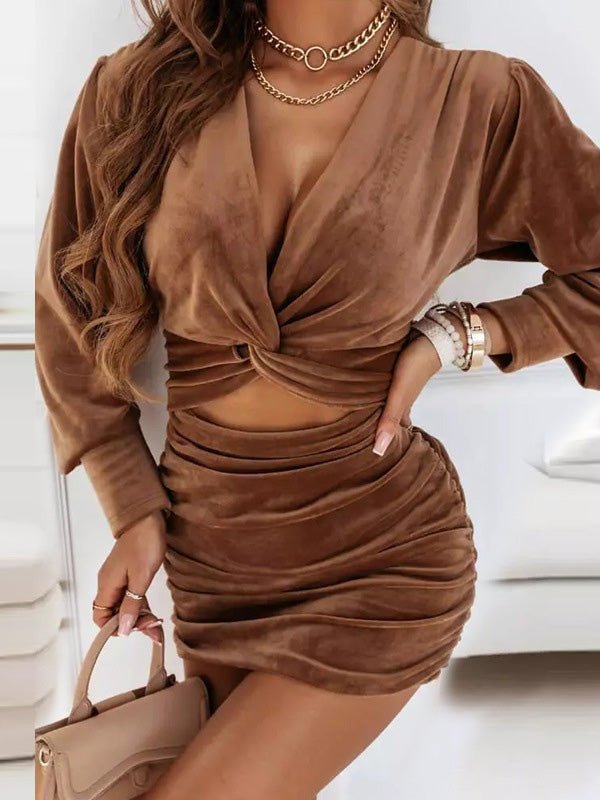 Women's Dresses Velvet V-Neck Hollow Long Sleeve Dress