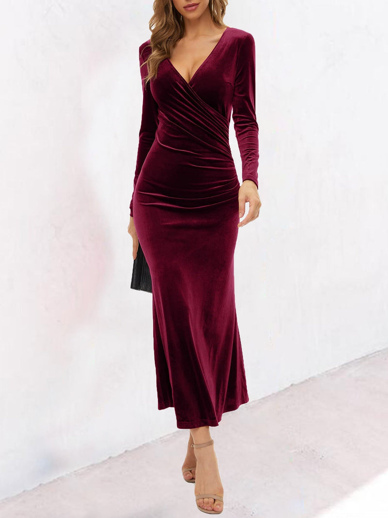 Women's Dresses Velvet V-Neck Long Sleeve Slim Fit Dress