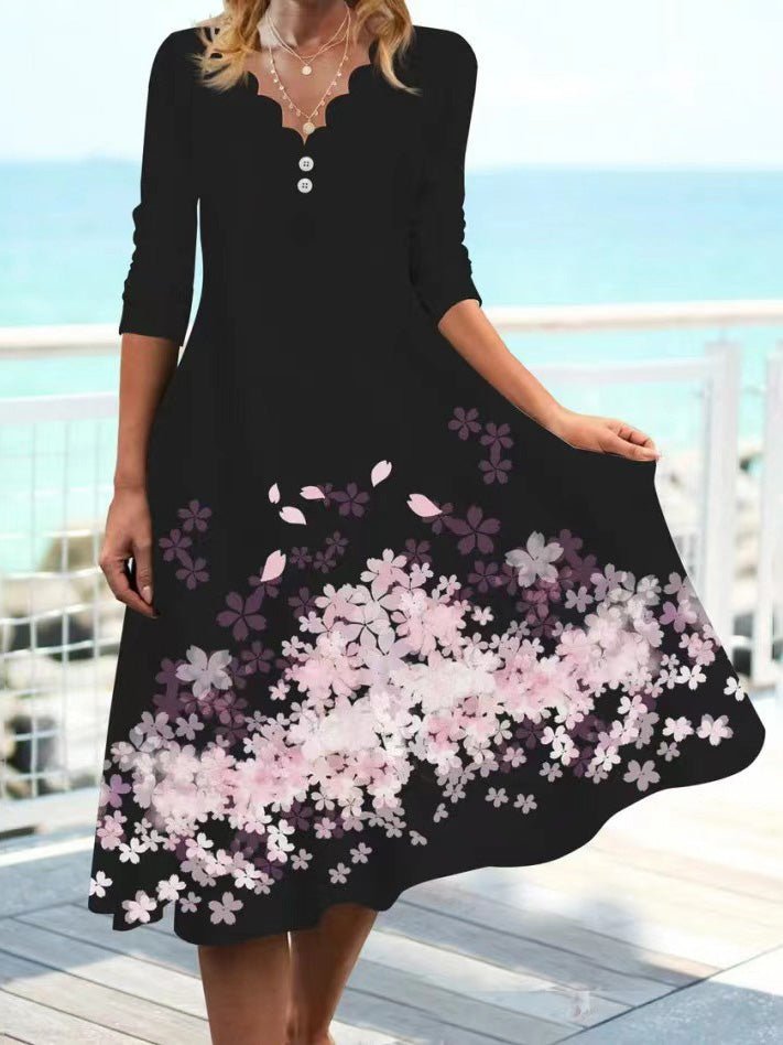 Women's Dresses Wavy Neck Printed Long Sleeve Dress