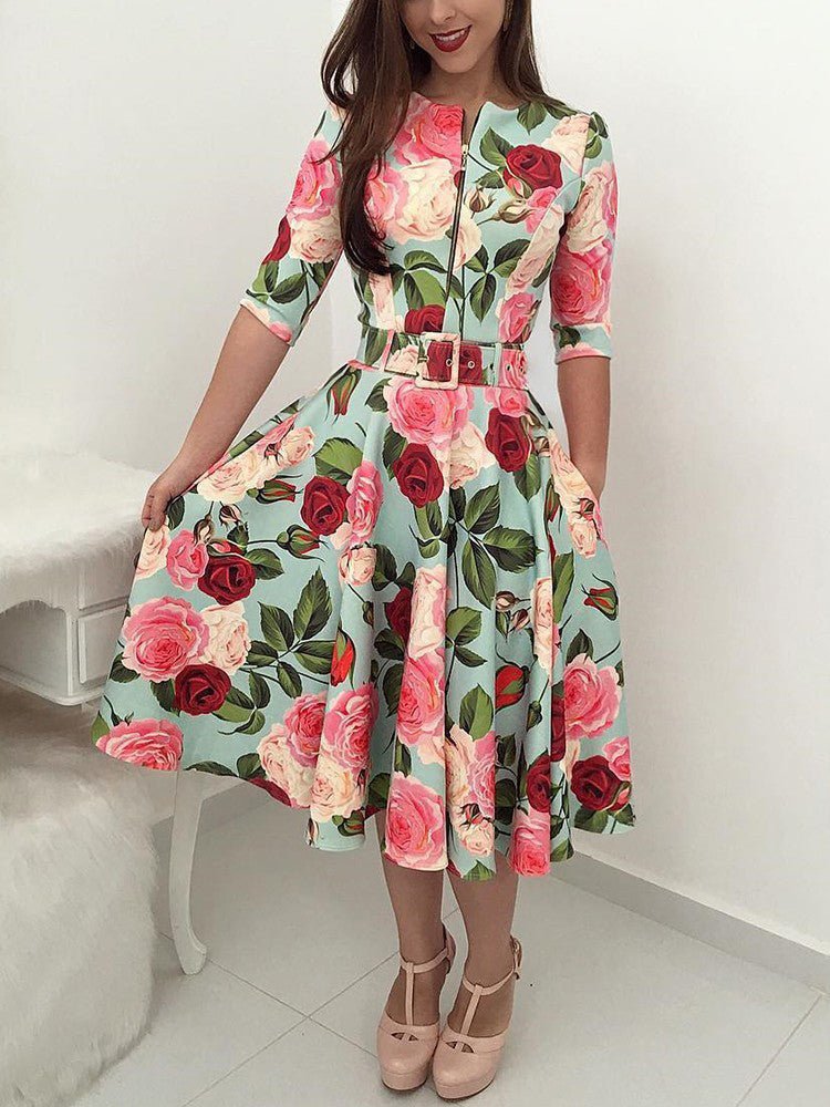 Women's Dresses Zip Floral Print Half Sleeve Dress