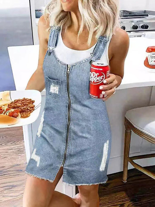 Women's Dresses Zip Pocket Suspenders Strap Denim Dress