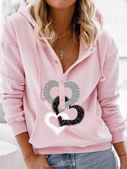 Heart Button Drawstring Long Sleeve Hoodie