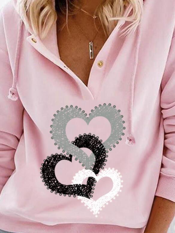 Heart Button Drawstring Long Sleeve Hoodie