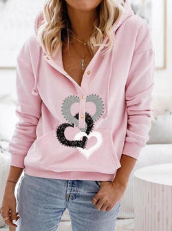 Heart Button Drawstring Long Sleeve Hoodie