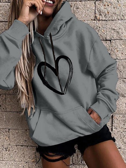 Women's Hoodies Heart Print Pocket Long Sleeve Casual Hoody