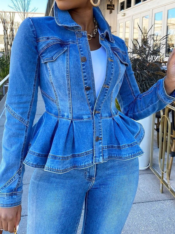 Women's Jackets Button Ruffle Long Sleeve Denim Jacket