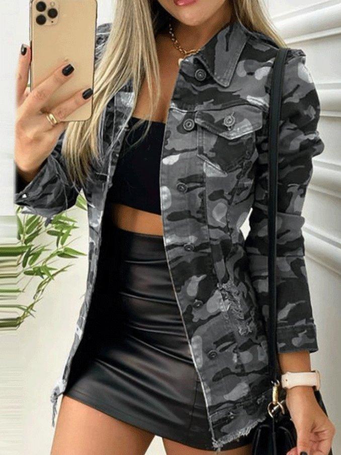 Single-Breasted Pocket Long Sleeve Camouflage Jacket