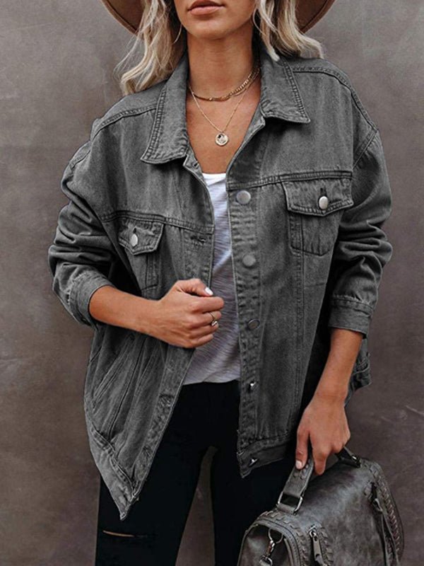 Women's Jackets Solid Flapped Pocket Button Denim Jacket